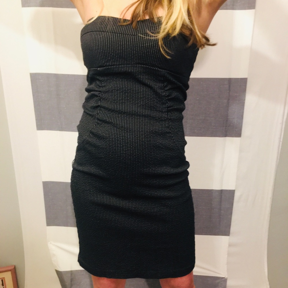 Tube dress black with white pin stripes, strapless, zip up the back